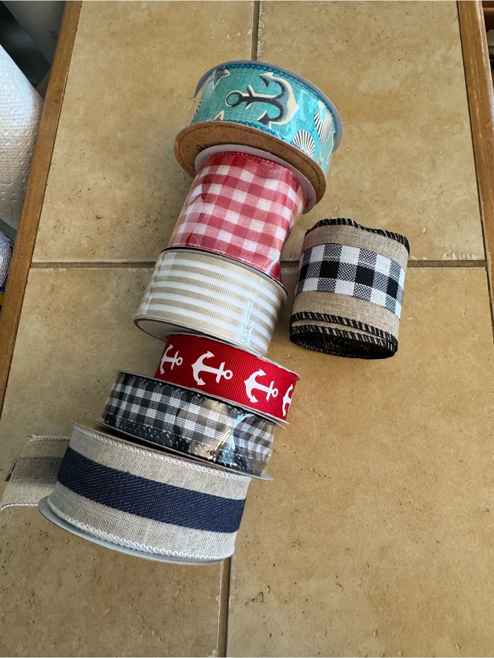 Assorted Nautical and Gingham Decorative Ribbon Bundle - Blue, Red, White, Tan